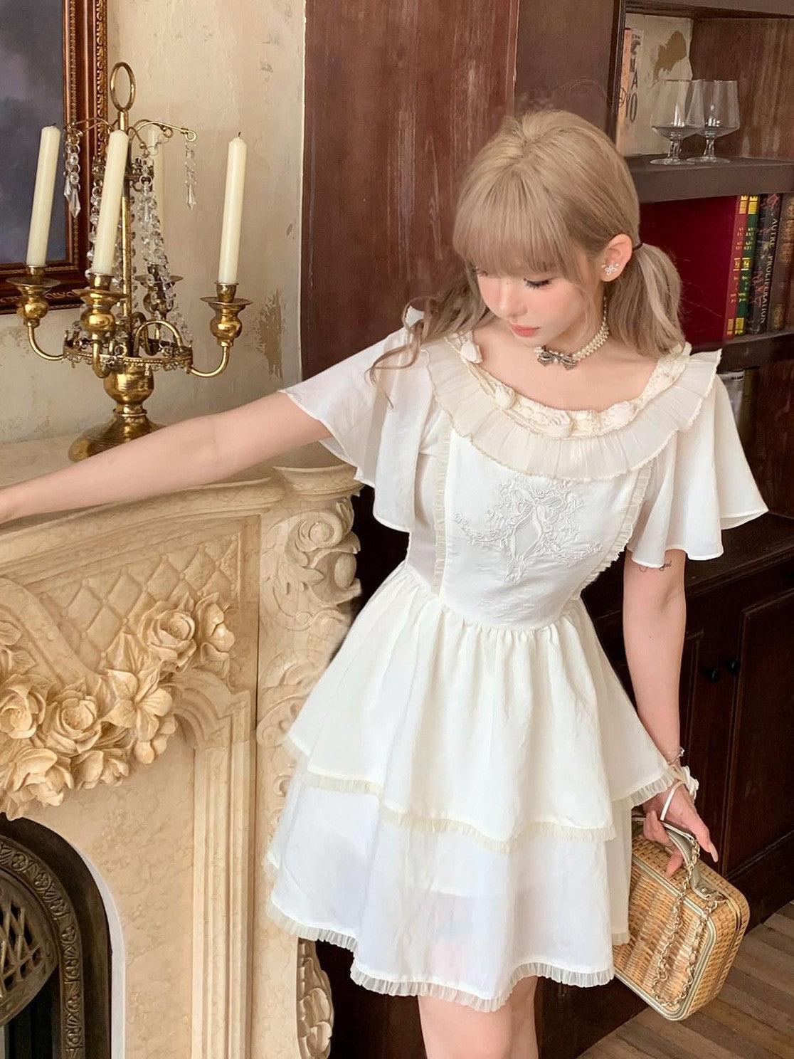 Girly Fancy Club Antique Doll Embroidered Ruffle Sleeve French Waist Women's Casual Mini Dresses