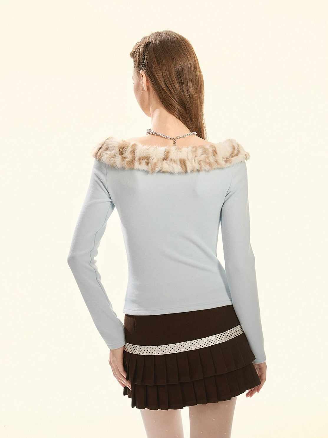 Girly Fancy Club Baby Blue Leopard Print Fur Collar Bow Women's Knit Off-shoulder Sweaters