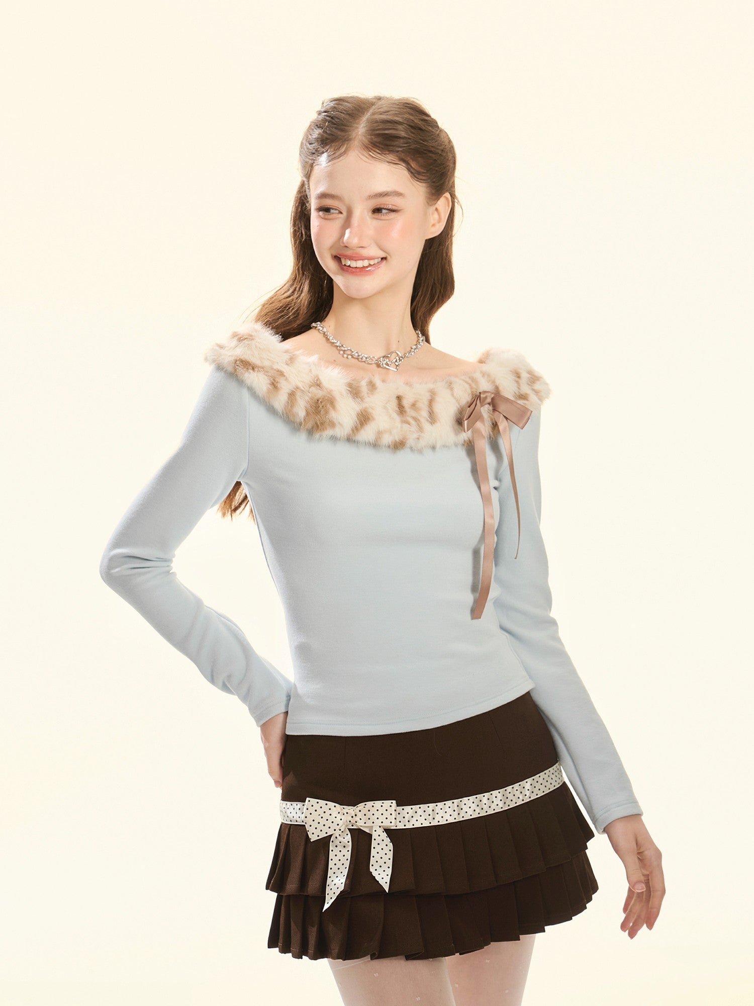 Girly Fancy Club Baby Blue Leopard Print Fur Collar Bow Women's Knit Off-shoulder Sweaters