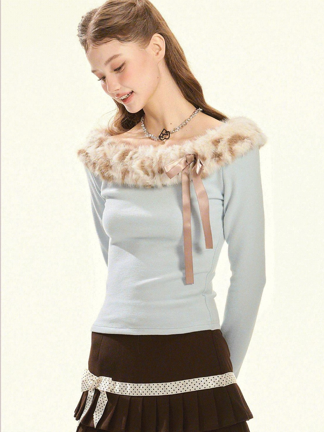 Girly Fancy Club Baby Blue Leopard Print Fur Collar Bow Women's Knit Off-shoulder Sweaters