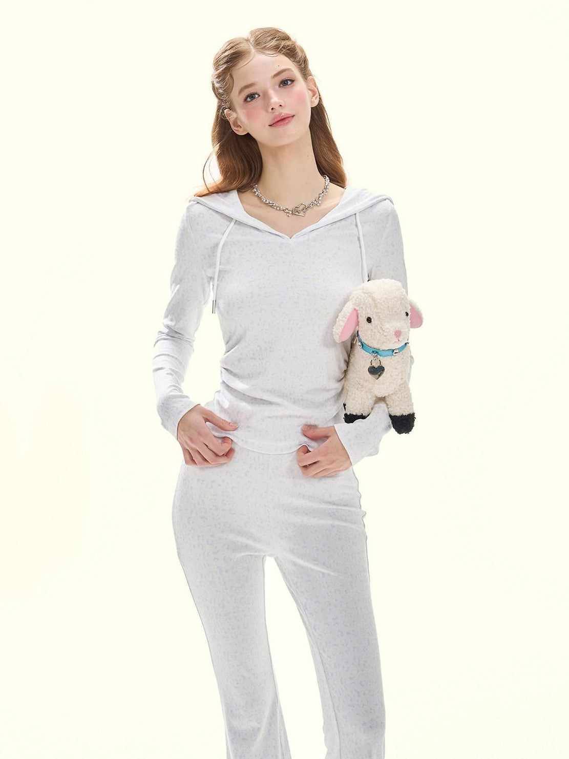 Girly Fancy Club Baby Blue Leopard Print Hooded Slim Women's Cotton Casual Top & Pants Sets
