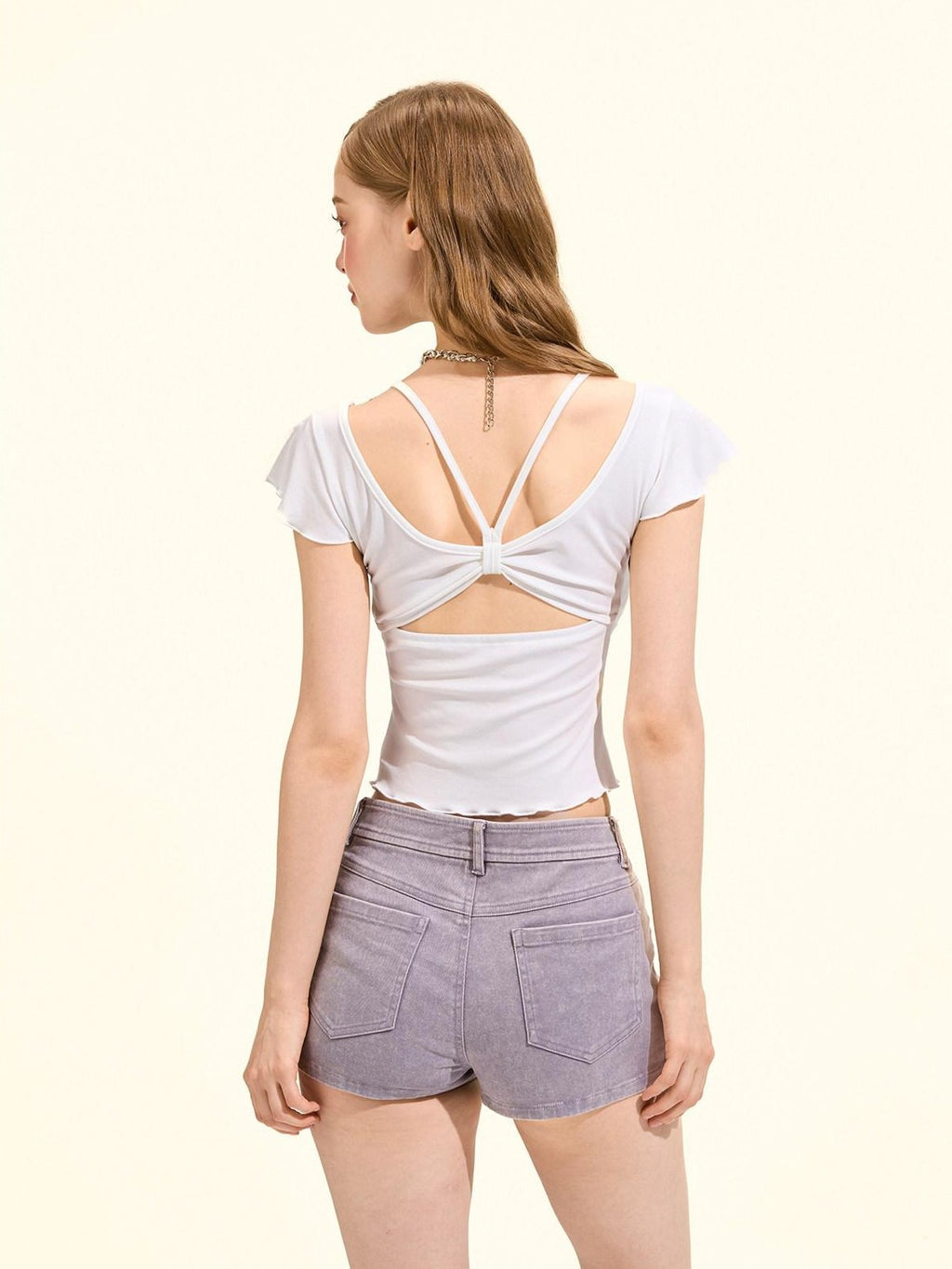 Girly Fancy Club Backless Knit Flutter Sleeve Cropped Slim Women's Lyocell Short Sleeve T-shirts