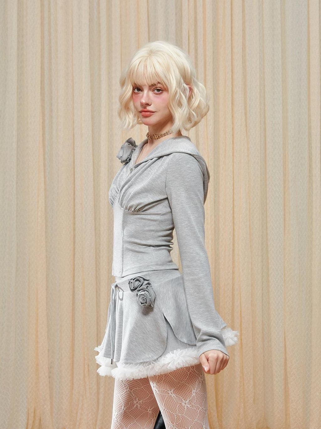 Girly Fancy Club Ballet Ruched Hooded Zip Floral Women's Cotton Blend Matching Skirt Sets