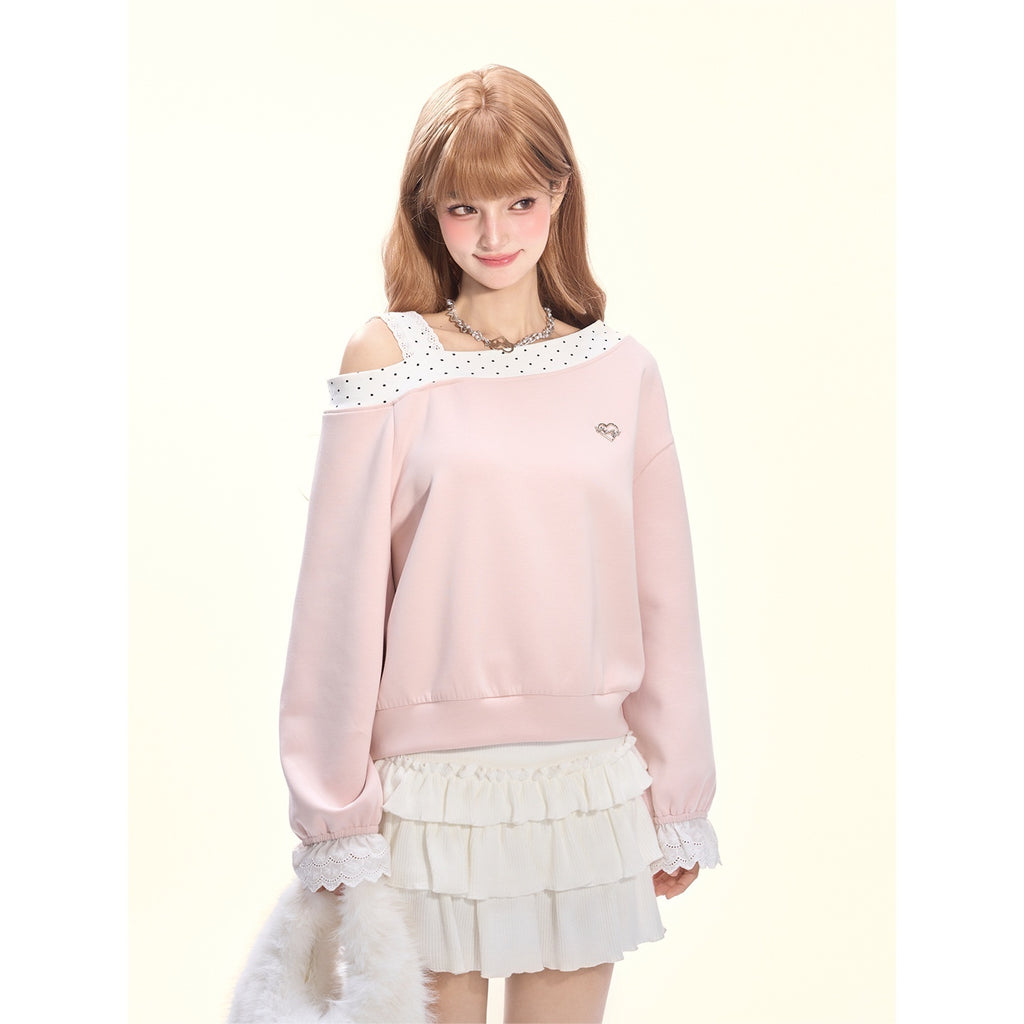 Girly_Fancy_Club_Balletcore_Polka_Dot_Patchwork_Cream_Pink_Lace_Trim_Asymmetric_Women's_Sweatshirts_977362949591_MISSTT