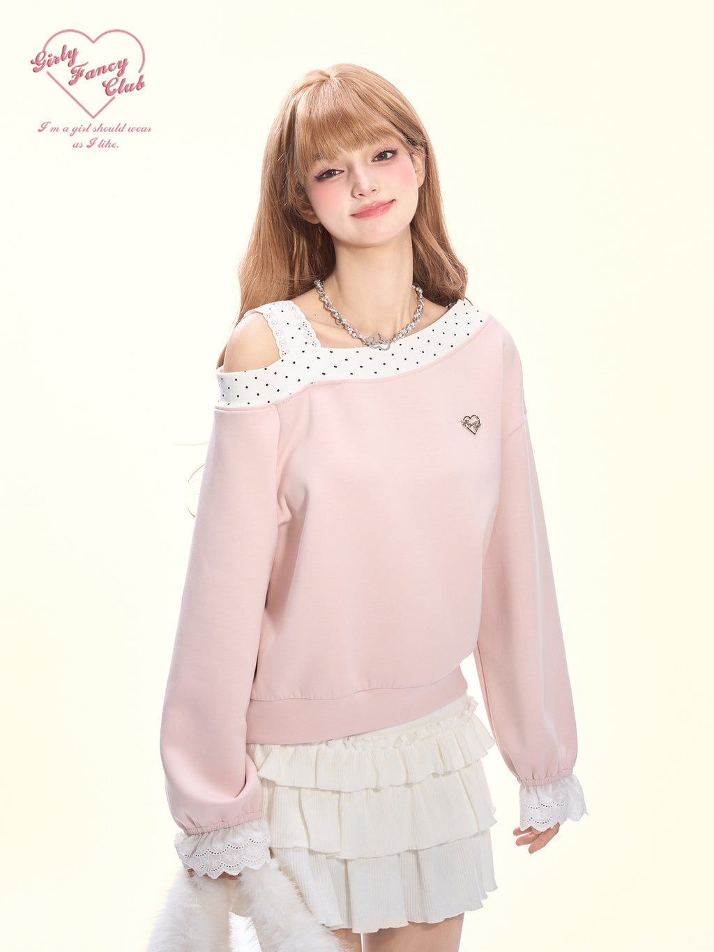 Girly Fancy Club Balletcore Polka Dot Patchwork Cream Pink Lace Trim Asymmetric Women's Sweatshirts