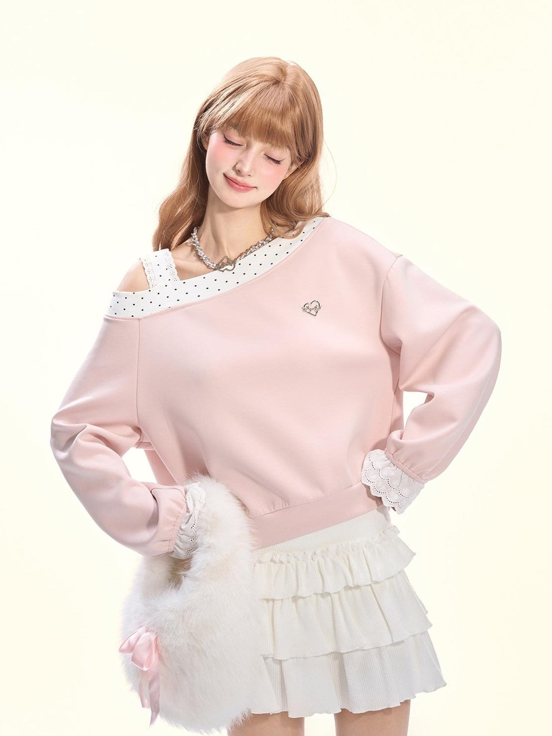 Girly Fancy Club Balletcore Polka Dot Patchwork Cream Pink Lace Trim Asymmetric Women's Sweatshirts