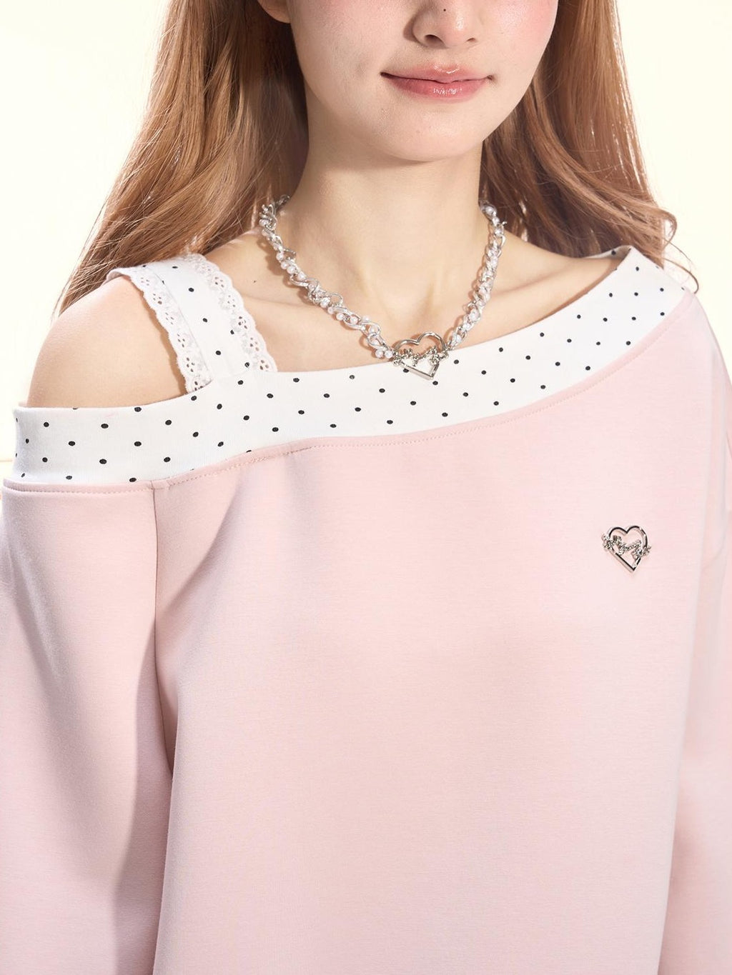 Girly Fancy Club Balletcore Polka Dot Patchwork Cream Pink Lace Trim Asymmetric Women's Sweatshirts