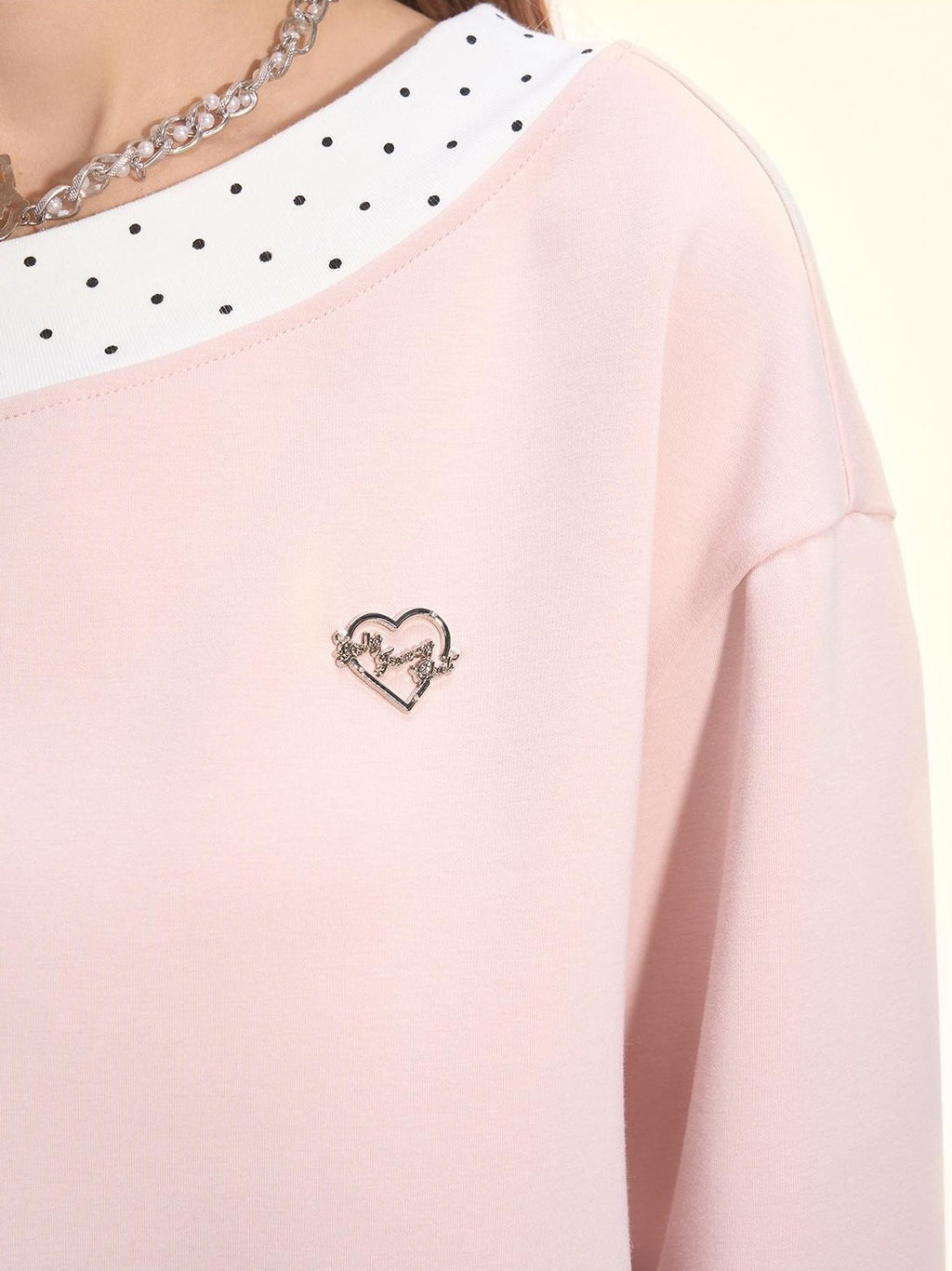 Girly Fancy Club Balletcore Polka Dot Patchwork Cream Pink Lace Trim Asymmetric Women's Sweatshirts