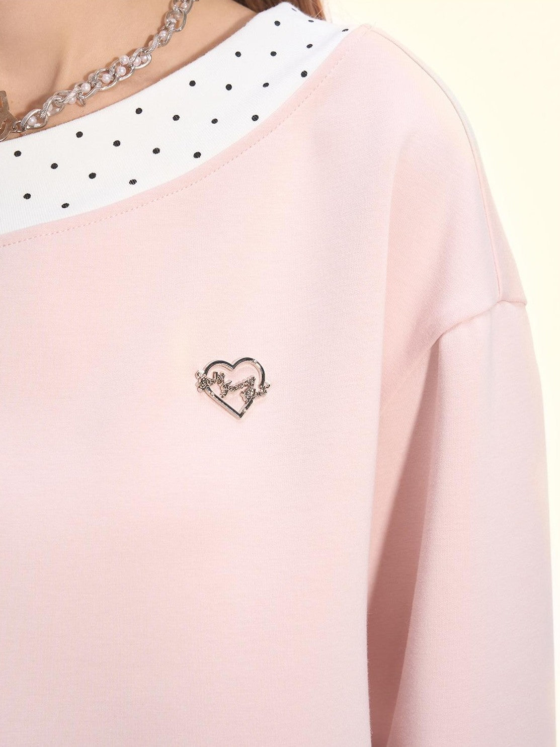 Girly Fancy Club Balletcore Polka Dot Patchwork Cream Pink Lace Trim Asymmetric Women's Sweatshirts