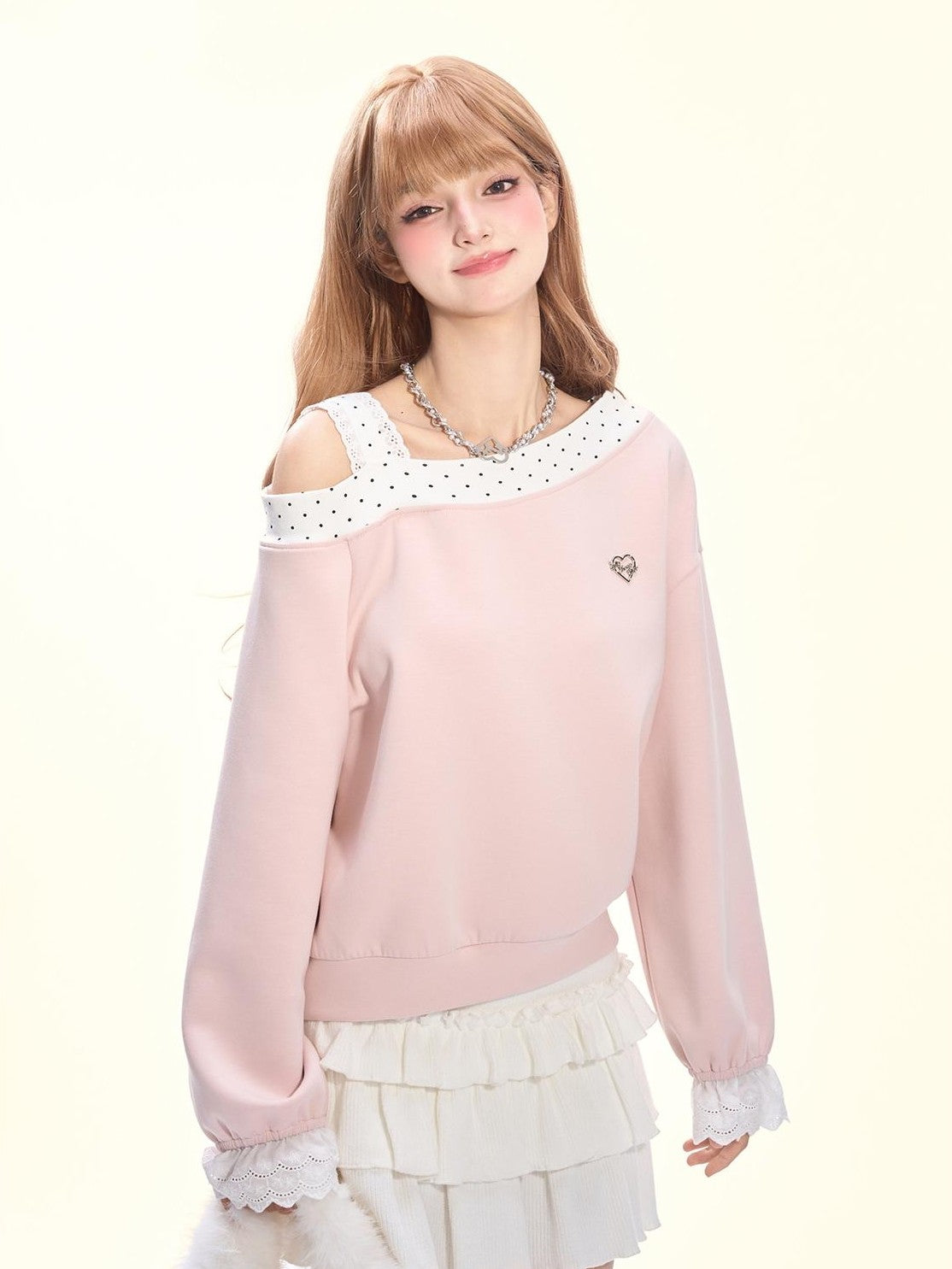 Girly Fancy Club Balletcore Polka Dot Patchwork Cream Pink Lace Trim Asymmetric Women's Sweatshirts