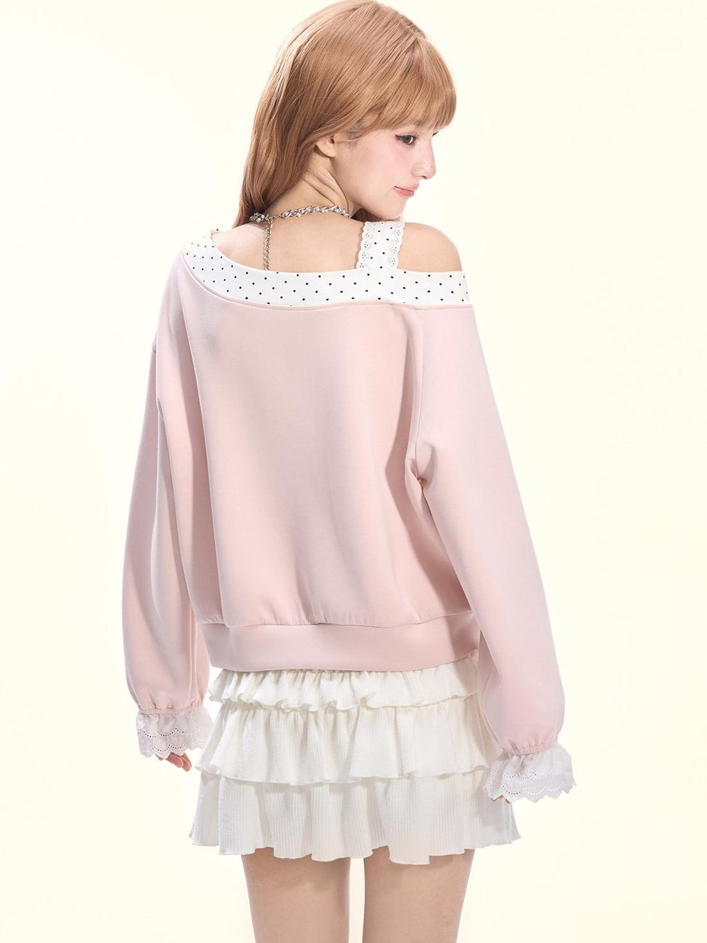 Girly Fancy Club Balletcore Polka Dot Patchwork Cream Pink Lace Trim Asymmetric Women's Sweatshirts