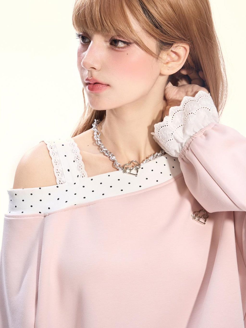 Girly Fancy Club Balletcore Polka Dot Patchwork Cream Pink Lace Trim Asymmetric Women's Sweatshirts