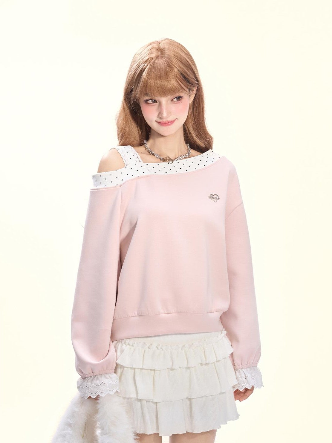 Girly Fancy Club Balletcore Polka Dot Patchwork Cream Pink Lace Trim Asymmetric Women's Sweatshirts