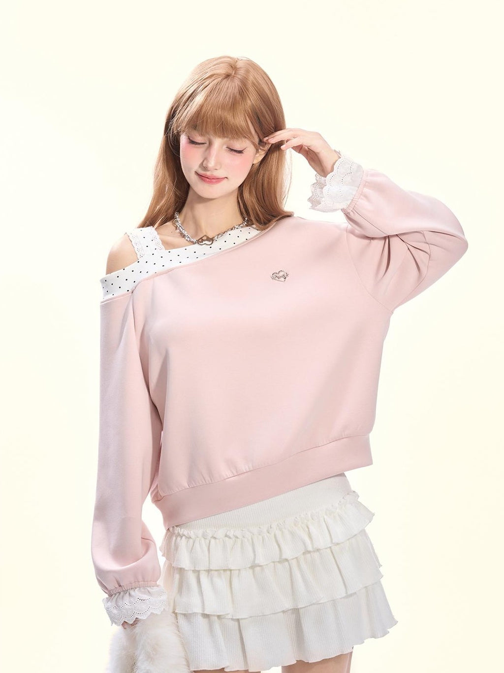 Girly Fancy Club Balletcore Polka Dot Patchwork Cream Pink Lace Trim Asymmetric Women's Sweatshirts