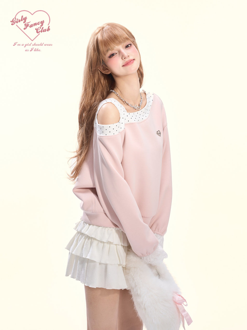 Girly Fancy Club Balletcore Polka Dot Patchwork Cream Pink Lace Trim Asymmetric Women's Sweatshirts