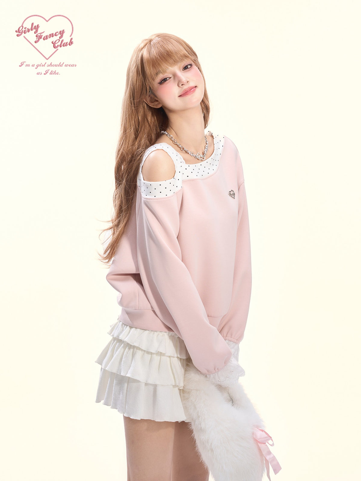 Girly Fancy Club Balletcore Polka Dot Patchwork Cream Pink Lace Trim Asymmetric Women's Sweatshirts