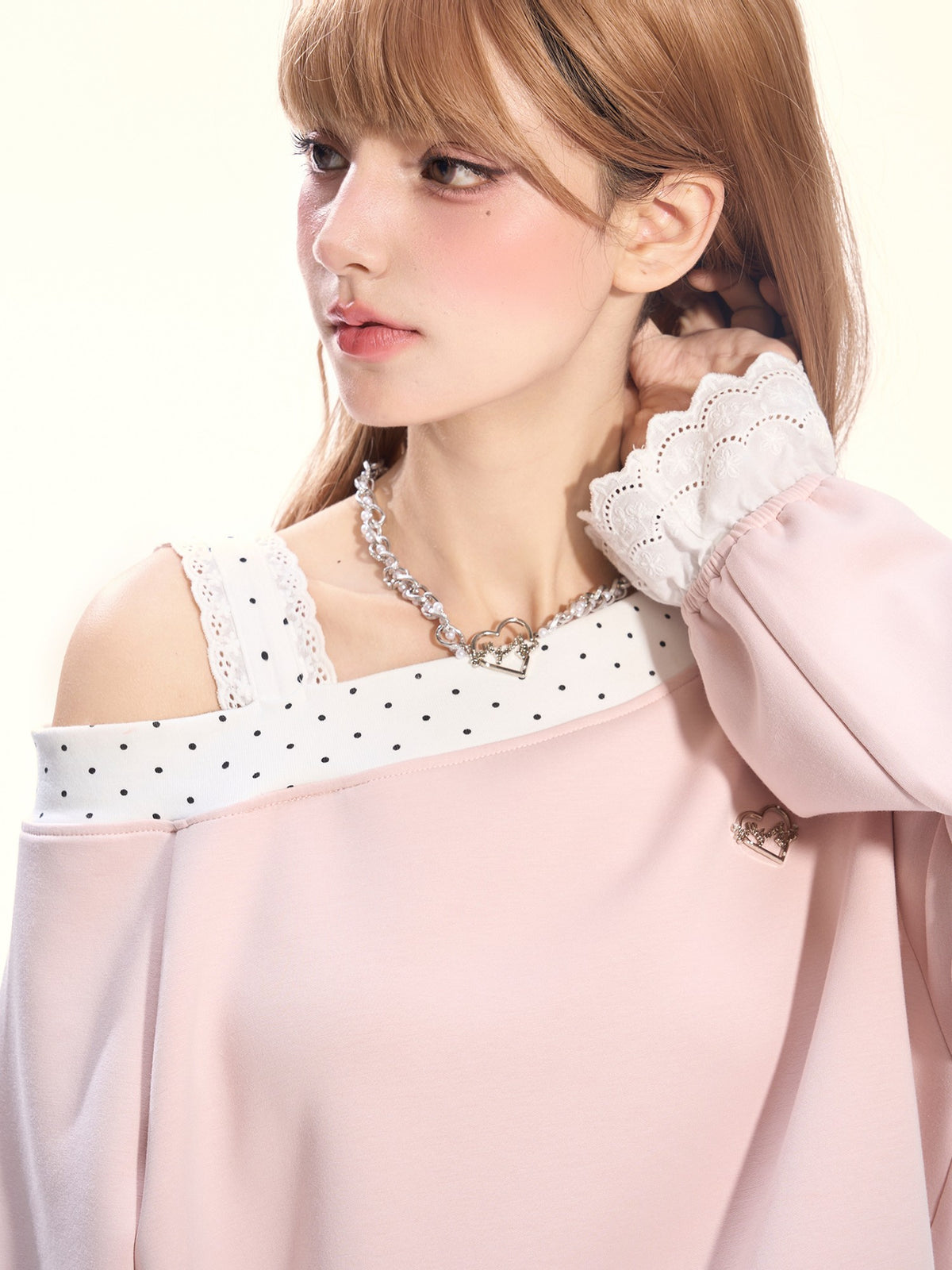 Girly Fancy Club Balletcore Polka Dot Patchwork Cream Pink Lace Trim Asymmetric Women's Sweatshirts