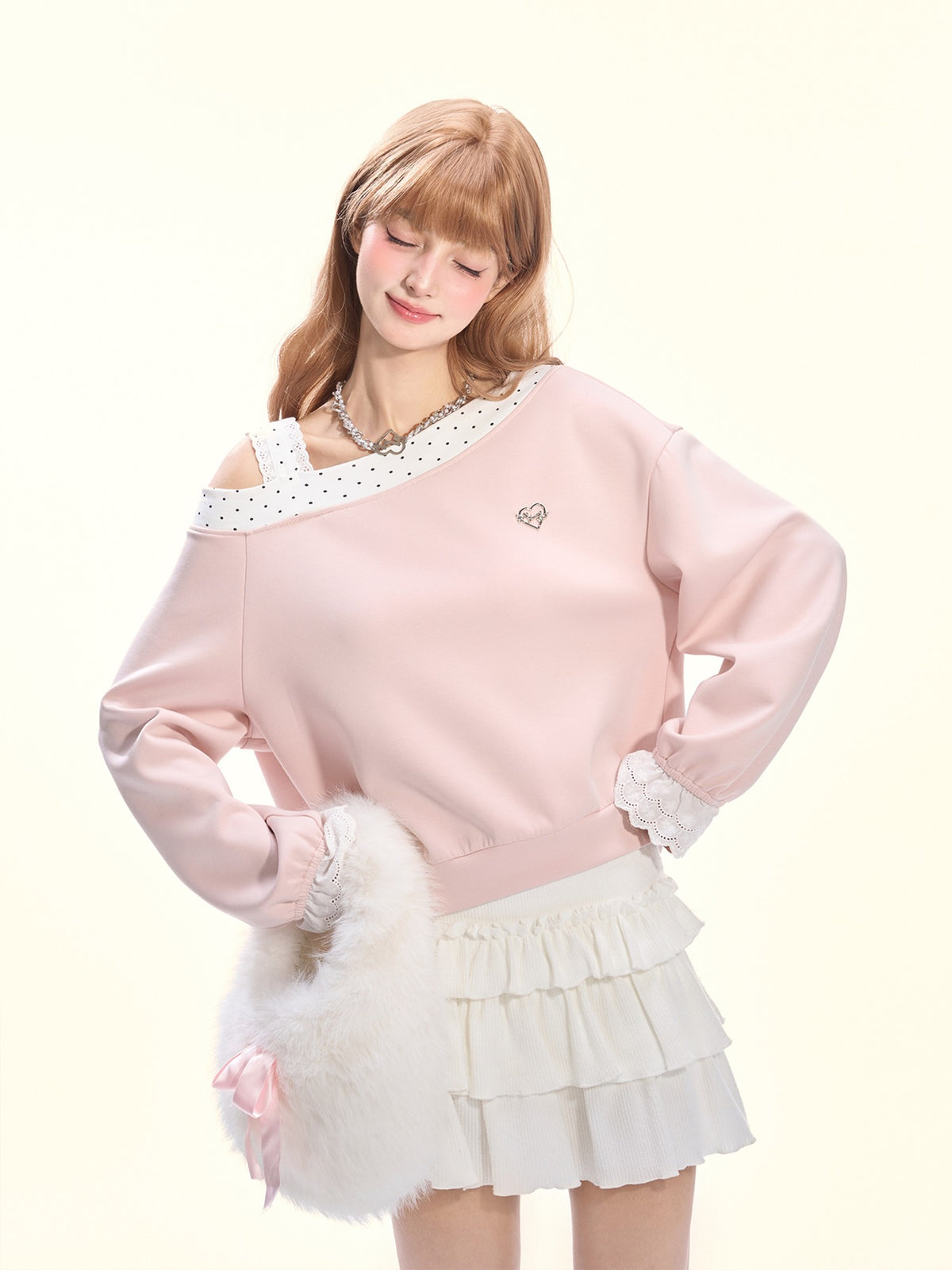 Girly Fancy Club Balletcore Polka Dot Patchwork Cream Pink Lace Trim Asymmetric Women's Sweatshirts