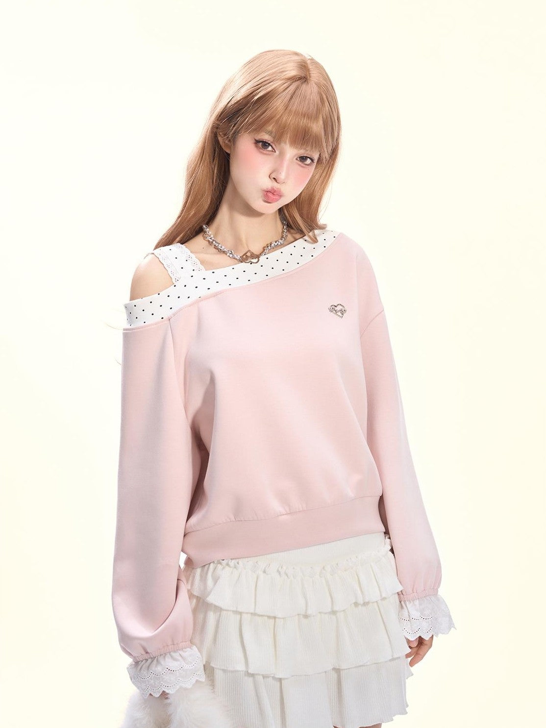 Girly Fancy Club Balletcore Polka Dot Patchwork Cream Pink Lace Trim Asymmetric Women's Sweatshirts