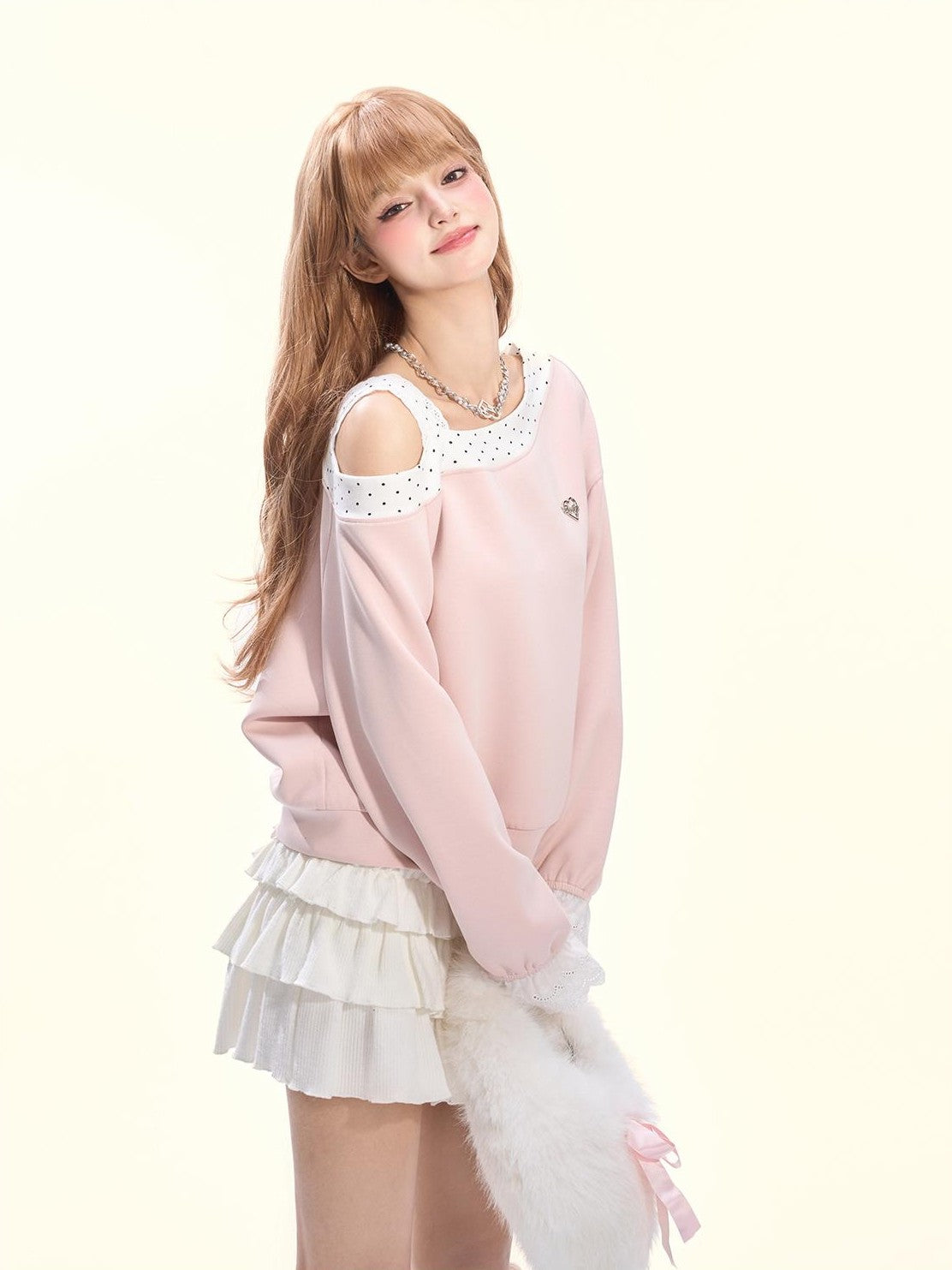 Girly Fancy Club Balletcore Polka Dot Patchwork Cream Pink Lace Trim Asymmetric Women's Sweatshirts