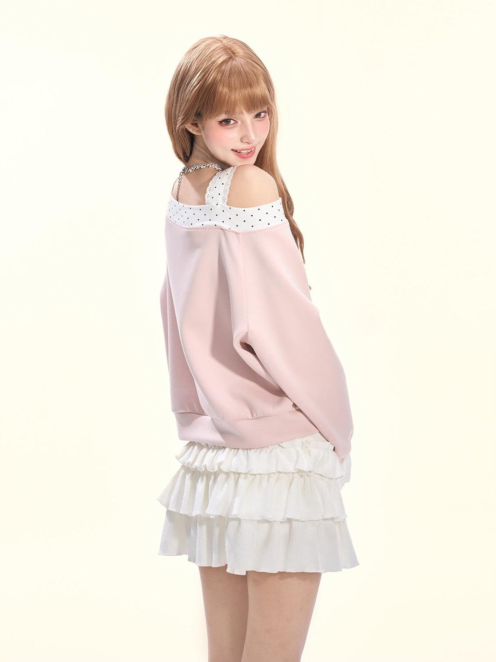Girly Fancy Club Balletcore Polka Dot Patchwork Cream Pink Lace Trim Asymmetric Women's Sweatshirts