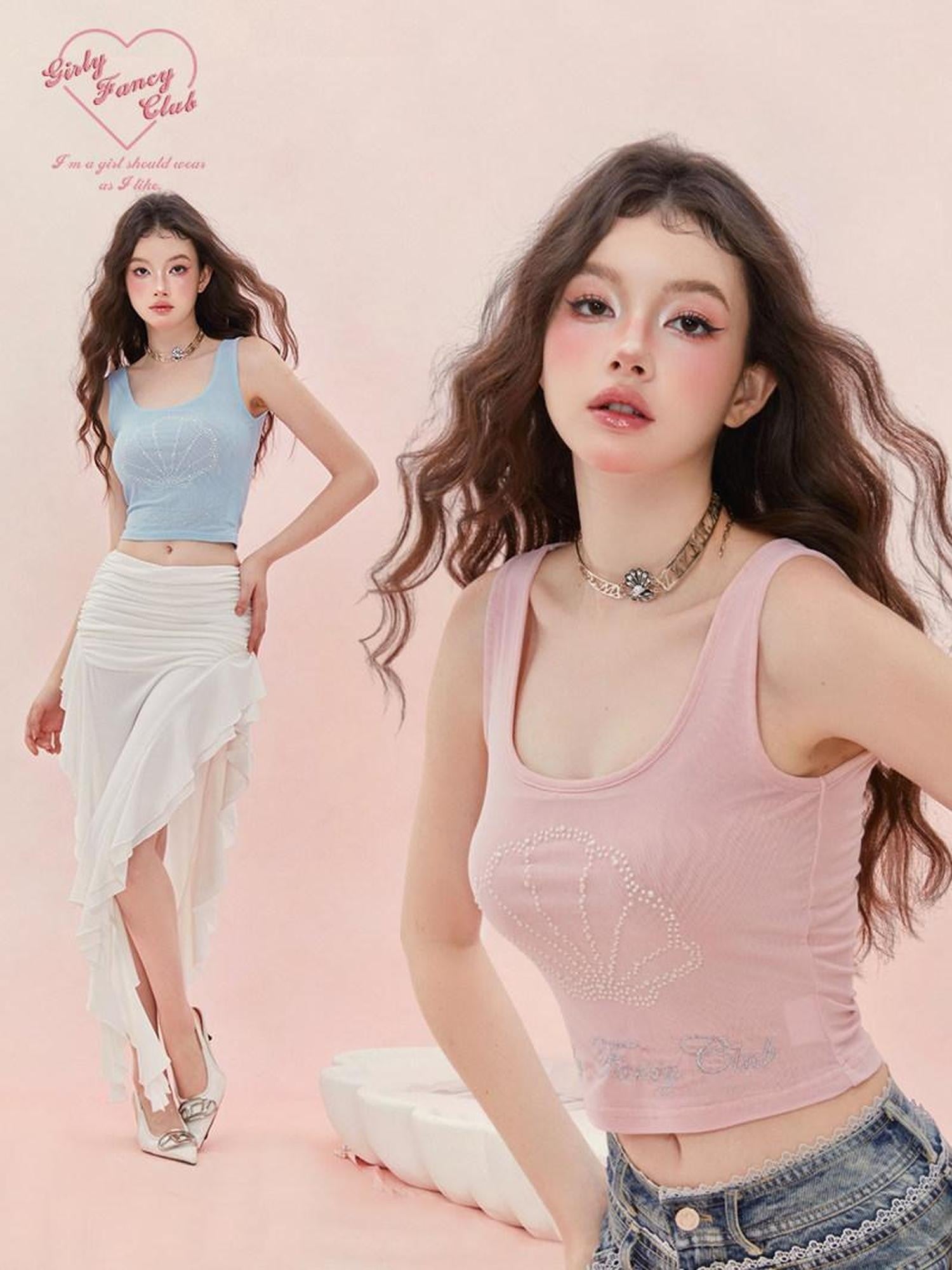 Girly Fancy Club Beaded Shell Silver Thread Embroidery Sheer Mesh Women's Polyester Tank Tops