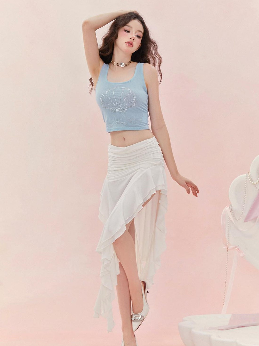 Girly Fancy Club Beaded Shell Silver Thread Embroidery Sheer Mesh Women's Polyester Tank Tops