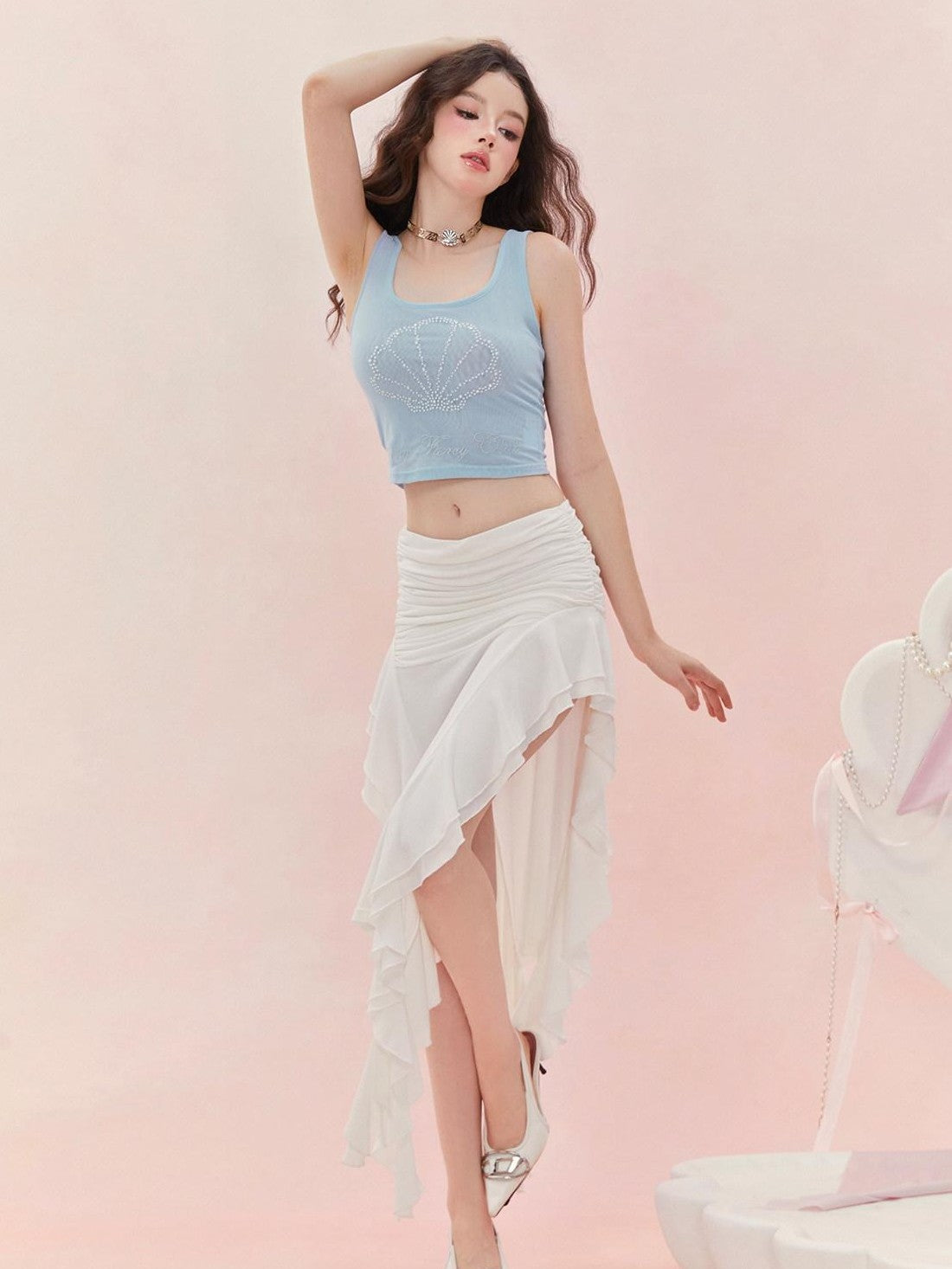 Girly Fancy Club Beaded Shell Silver Thread Embroidery Sheer Mesh Women's Polyester Tank Tops