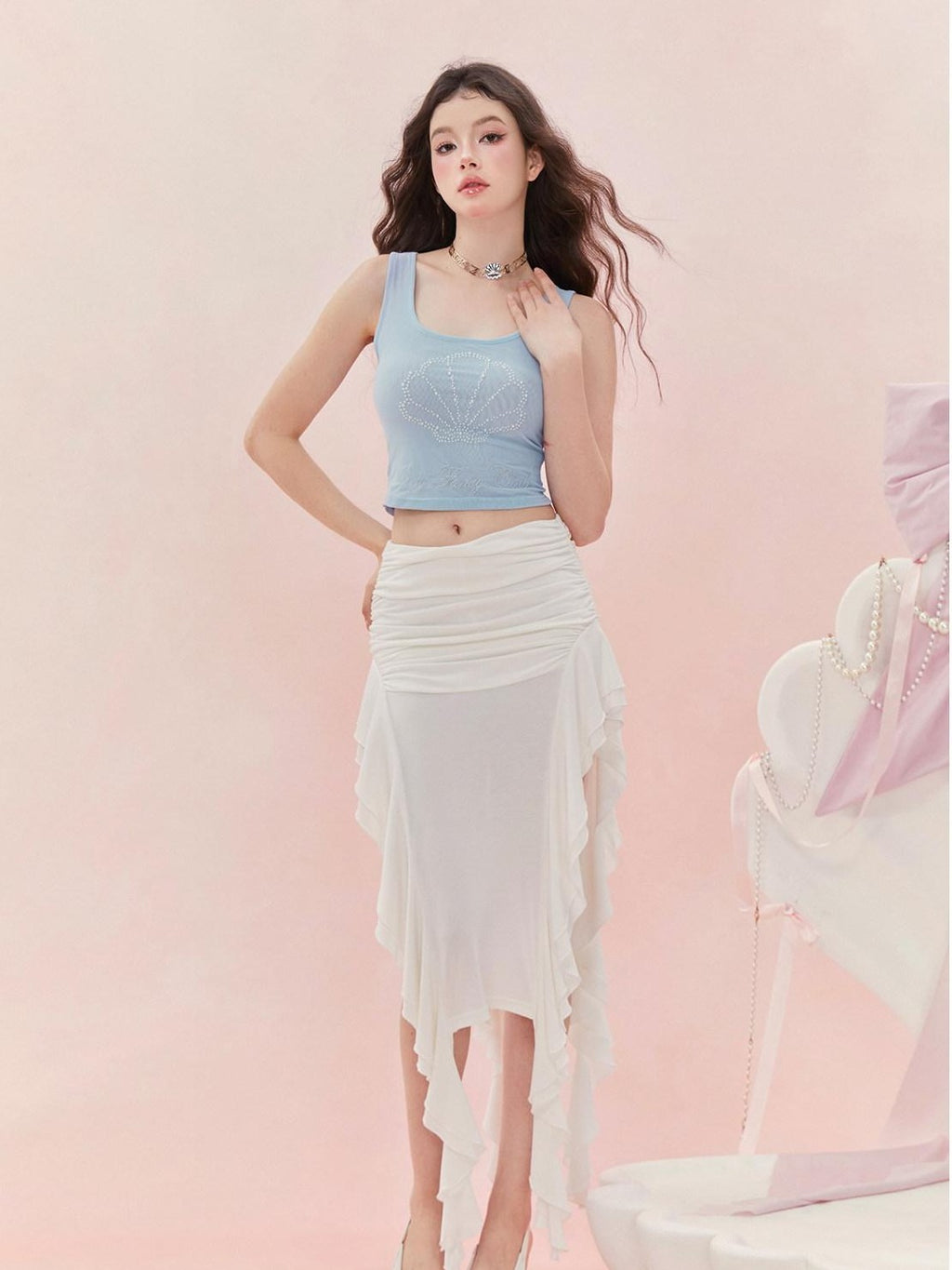 Girly Fancy Club Beaded Shell Silver Thread Embroidery Sheer Mesh Women's Polyester Tank Tops