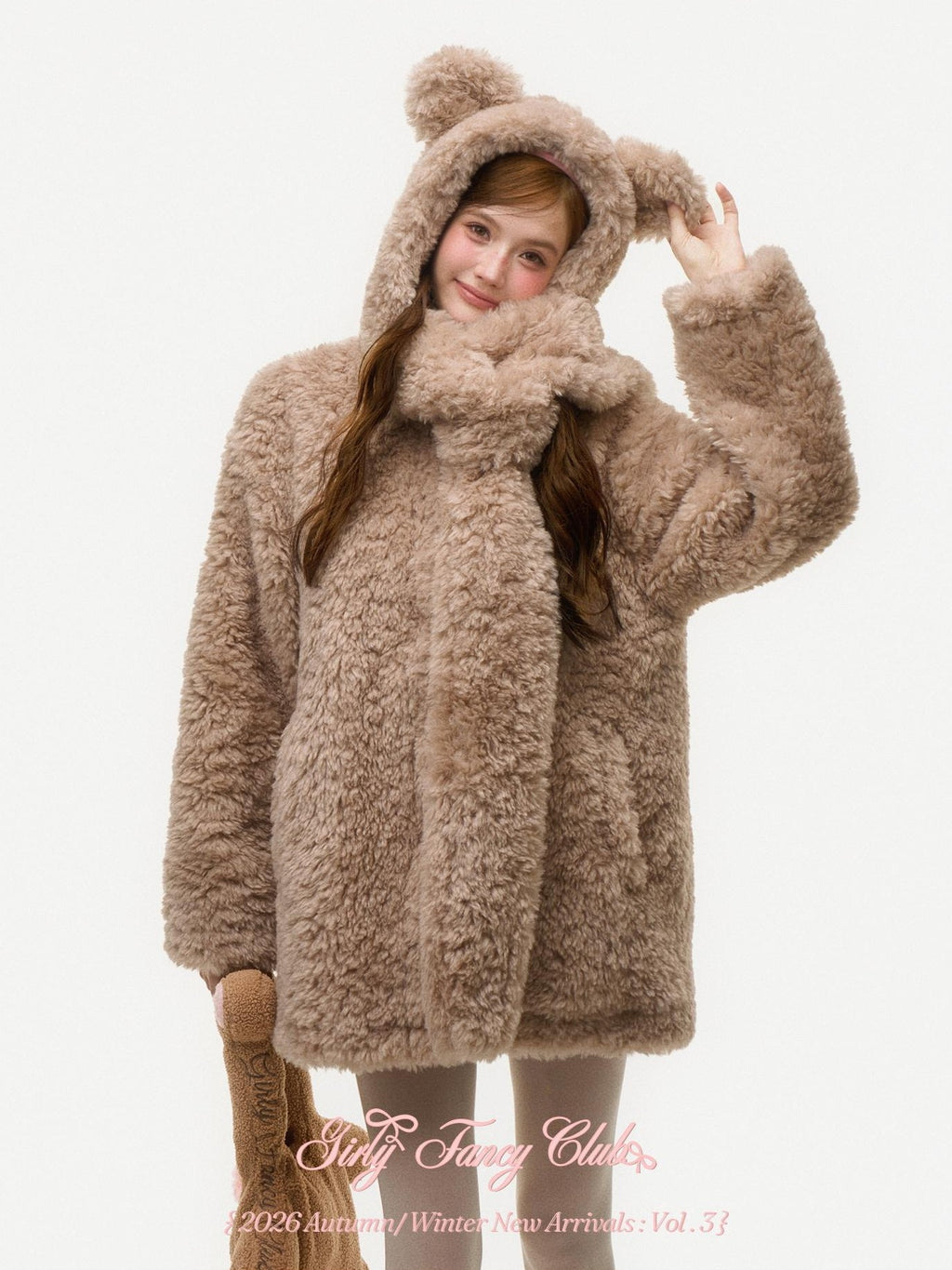 Girly Fancy Club Bear Ear Hooded Warm Loose Mid Length Women's Faux Fur Coats
