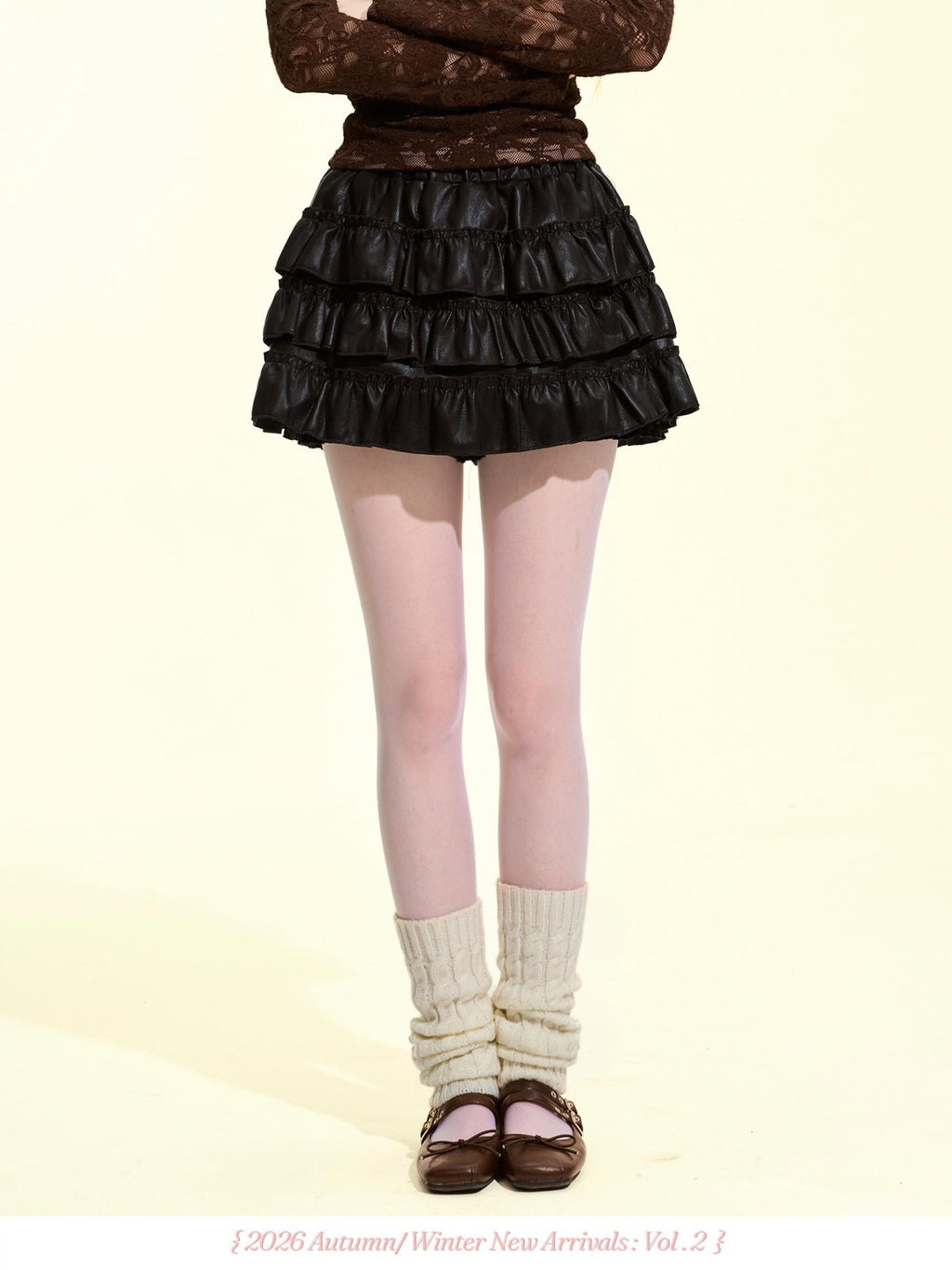 Girly Fancy Club Black Ruched Ruffle Trim Pu Women's Tiered Skirts