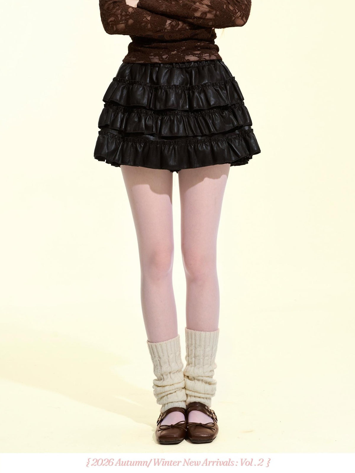 Girly Fancy Club Black Ruched Ruffle Trim Pu Women's Tiered Skirts