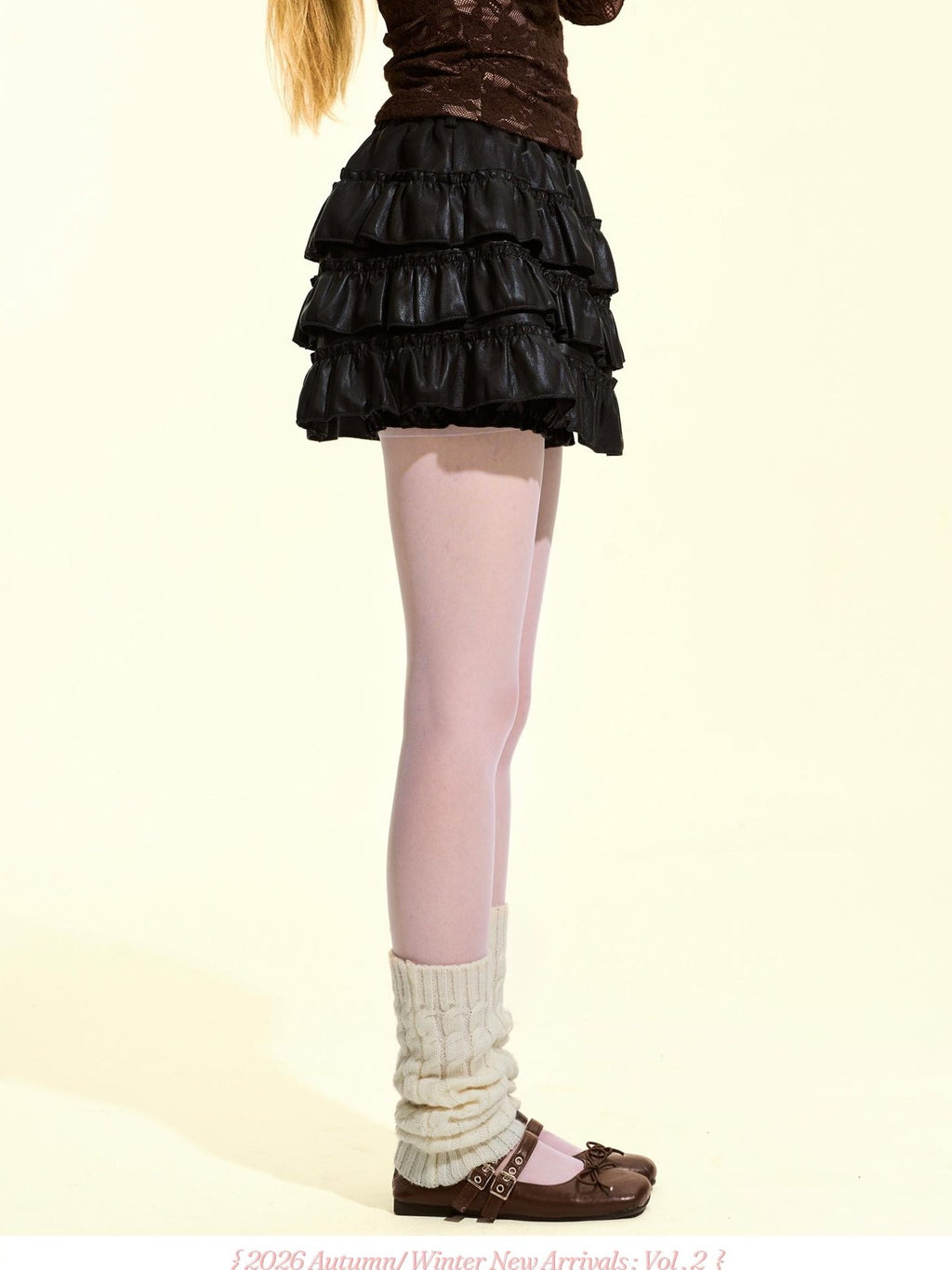 Girly Fancy Club Black Ruched Ruffle Trim Pu Women's Tiered Skirts
