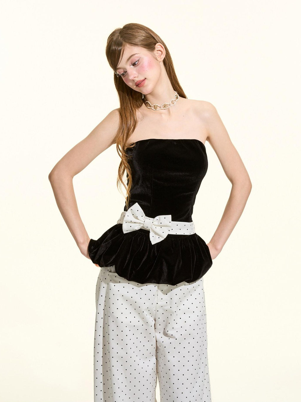 Girly Fancy Club Black Velvet Puff Hem Bow Cinched Waist Women's Polyester Tube Tops
