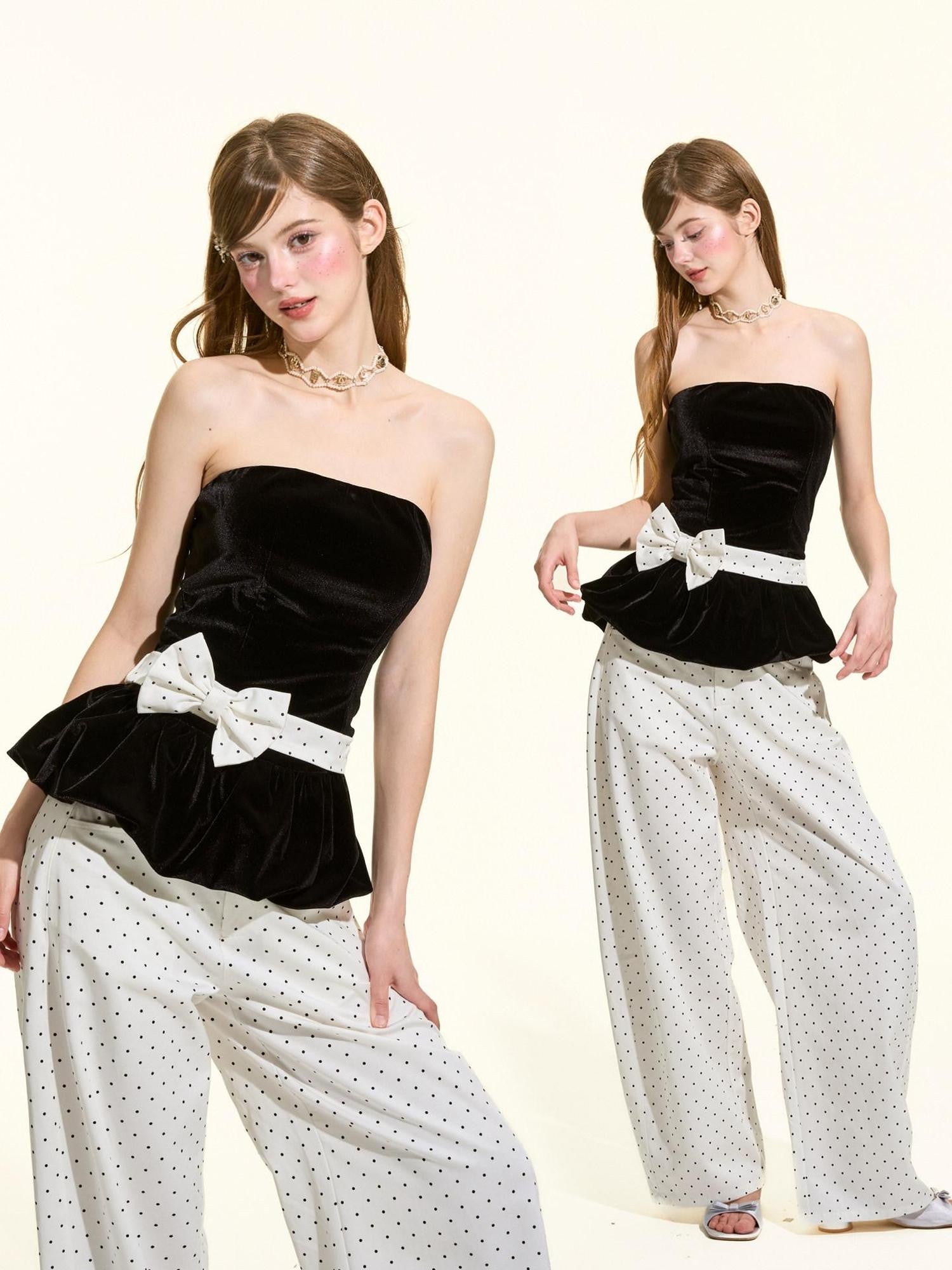 Girly Fancy Club Black Velvet Puff Hem Bow Cinched Waist Women's Polyester Tube Tops