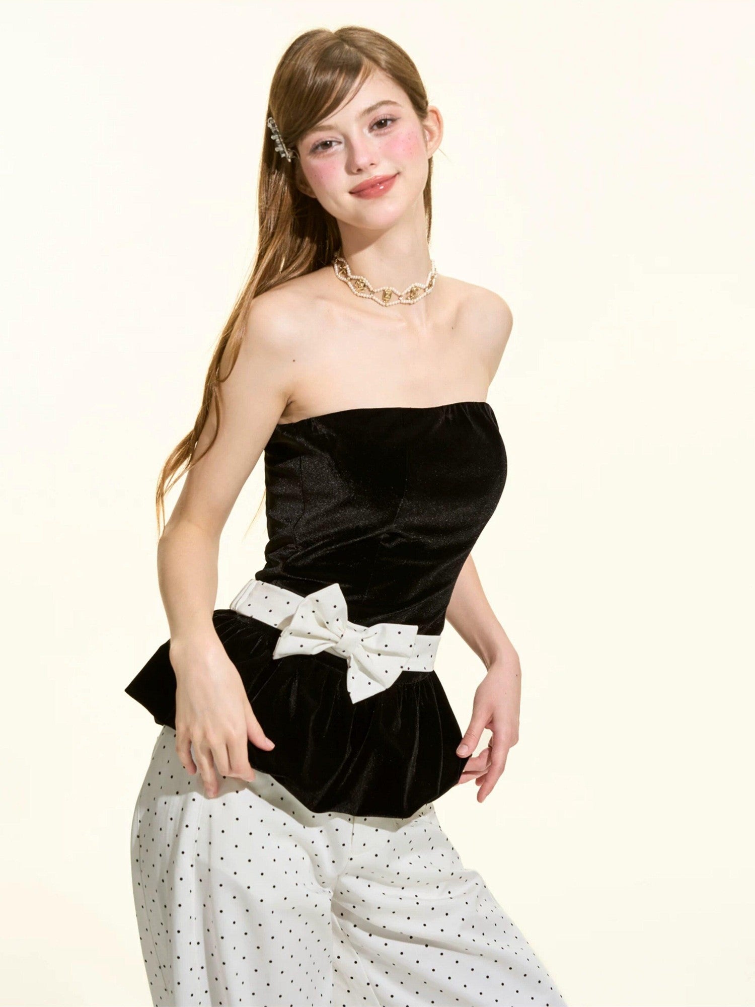 Girly Fancy Club Black Velvet Puff Hem Bow Cinched Waist Women's Polyester Tube Tops