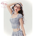 Girly_Fancy_Club_Blue_Grey_Plaid_Bubble_Sleeve_Cropped_Shirt_Women's_Matching_Skirt_Sets_802576343086_MISSTT