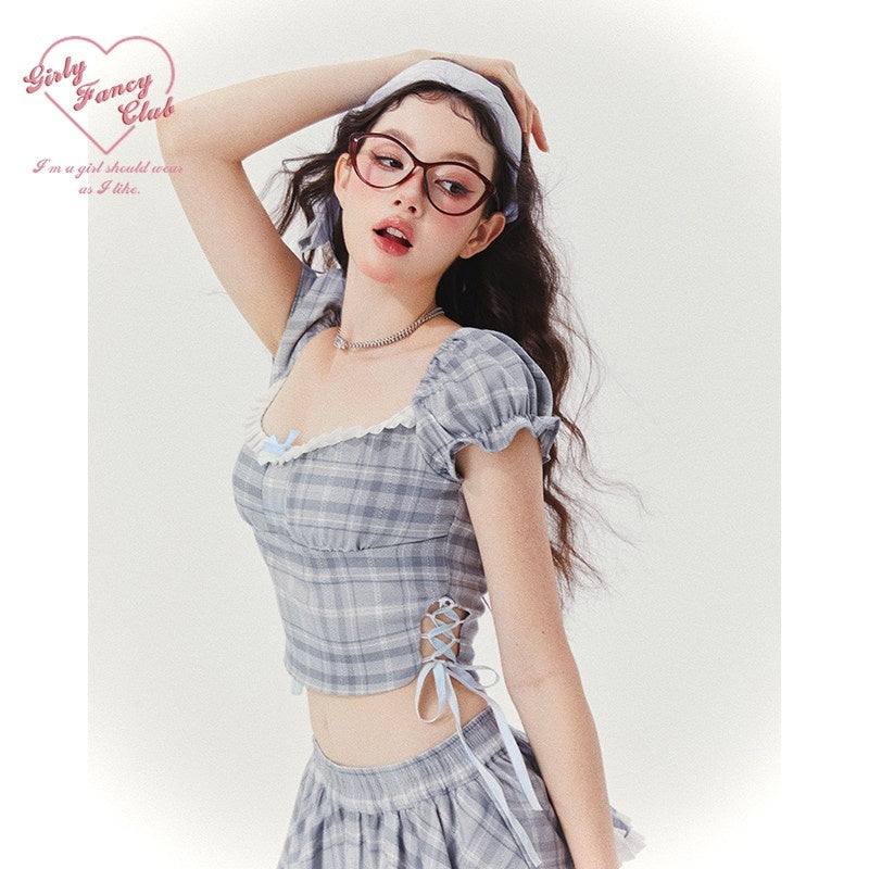 Girly_Fancy_Club_Blue_Grey_Plaid_Bubble_Sleeve_Cropped_Shirt_Women's_Matching_Skirt_Sets_802576343086_MISSTT