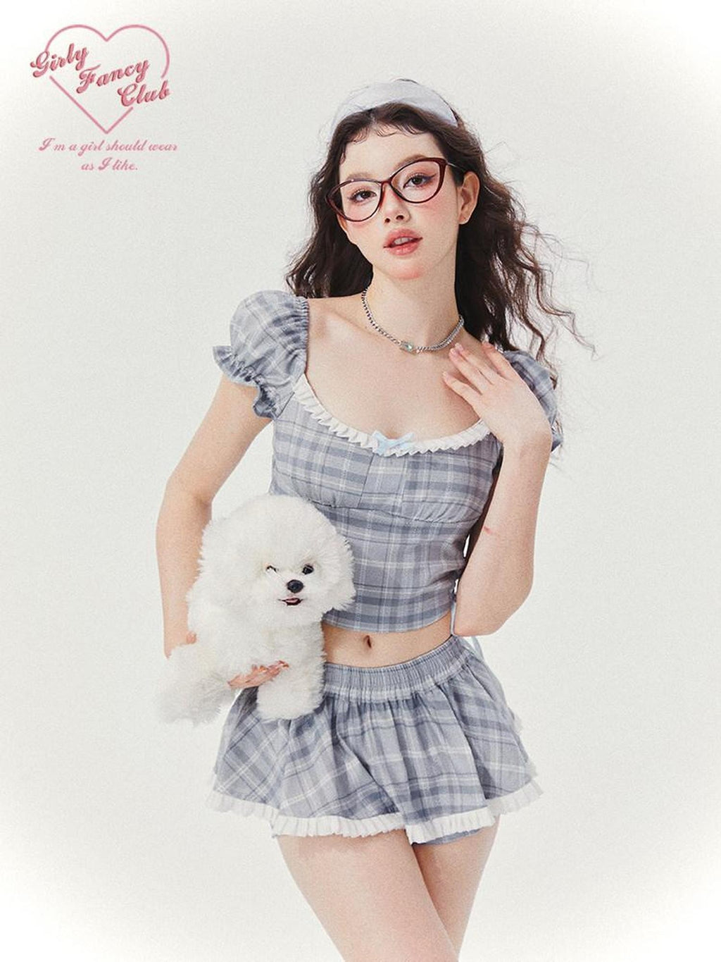 Girly Fancy Club Blue Grey Plaid Bubble Sleeve Cropped Shirt Women's Matching Skirt Sets