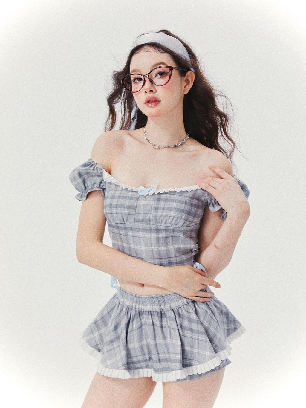 Girly Fancy Club Blue Grey Plaid Bubble Sleeve Cropped Shirt Women's Matching Skirt Sets