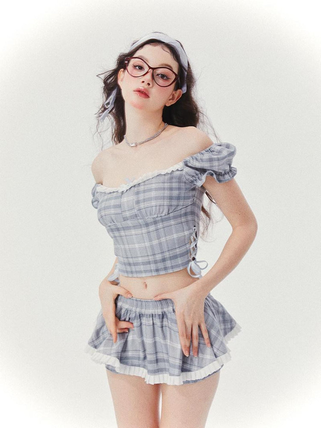 Girly Fancy Club Blue Grey Plaid Bubble Sleeve Cropped Shirt Women's Matching Skirt Sets