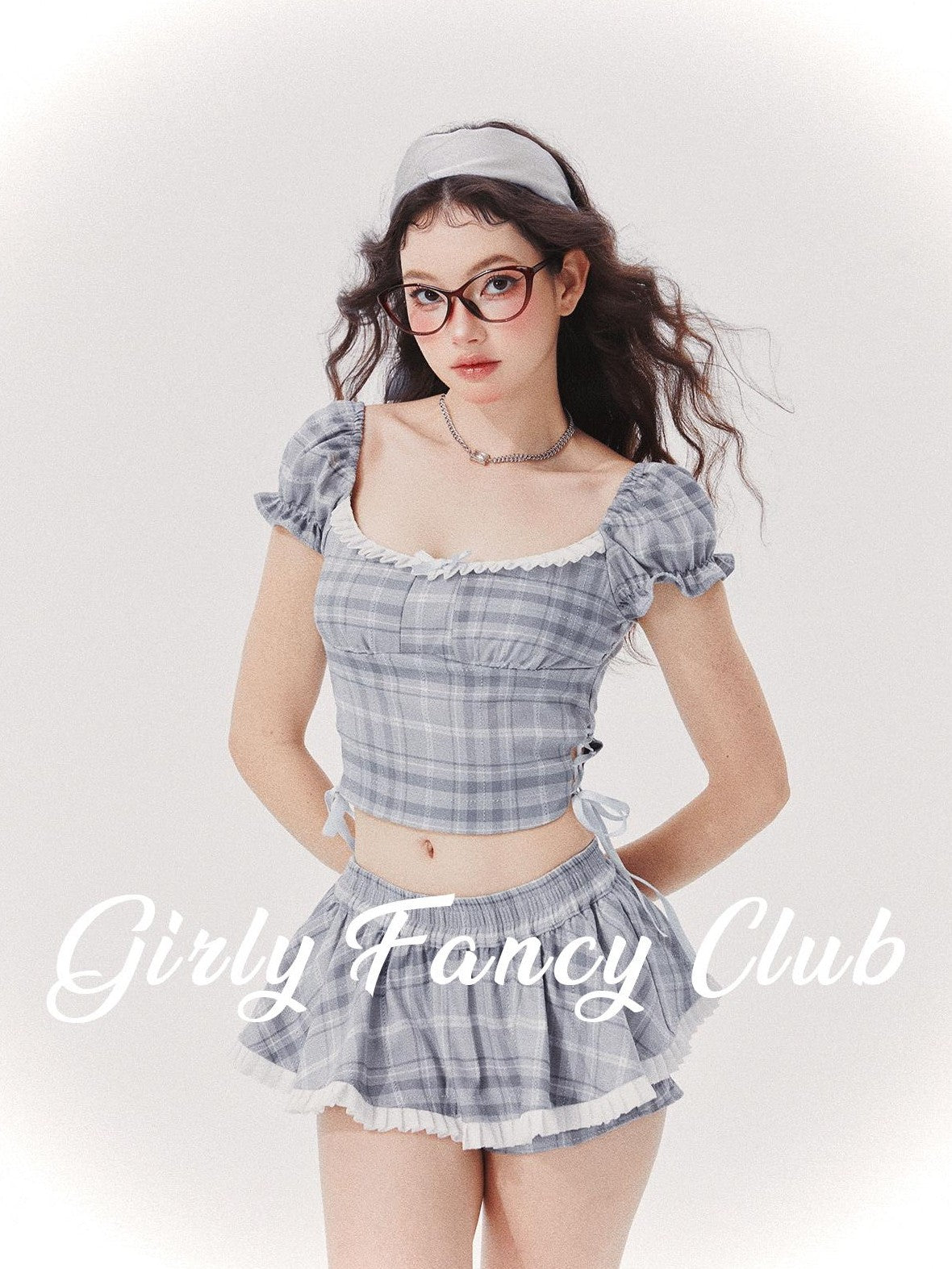Girly Fancy Club Blue Grey Plaid Bubble Sleeve Cropped Shirt Women's Matching Skirt Sets