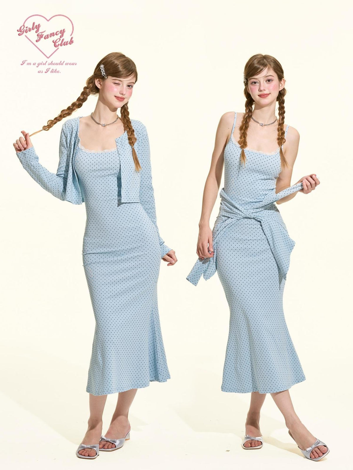 Girly Fancy Club Blue Polka Dot Ruffle Slim Fit Women's Cotton Matching Skirt Sets