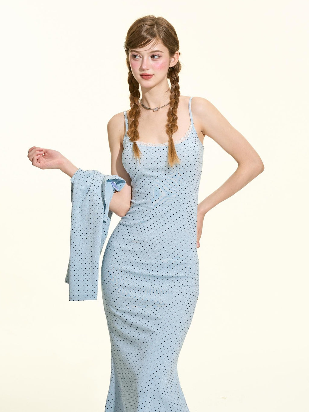 Girly Fancy Club Blue Polka Dot Ruffle Slim Fit Women's Cotton Matching Skirt Sets