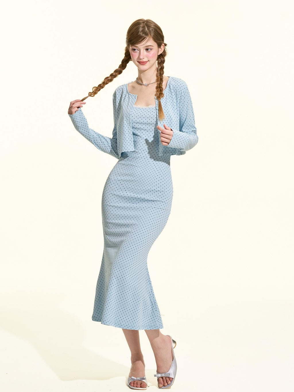 Girly Fancy Club Blue Polka Dot Ruffle Slim Fit Women's Cotton Matching Skirt Sets