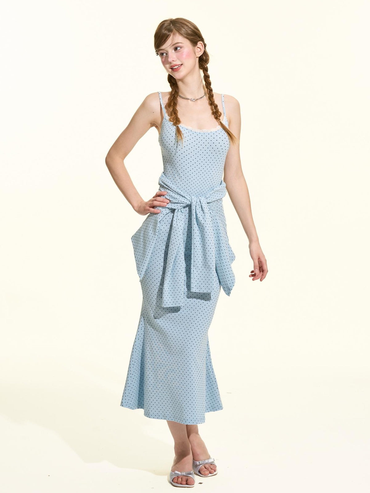 Girly Fancy Club Blue Polka Dot Ruffle Slim Fit Women's Cotton Matching Skirt Sets