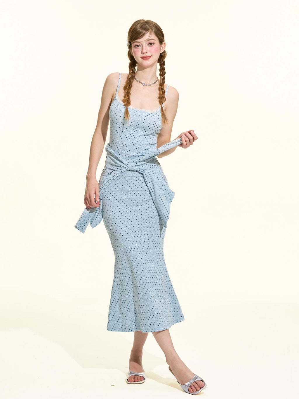 Girly Fancy Club Blue Polka Dot Ruffle Slim Fit Women's Cotton Matching Skirt Sets