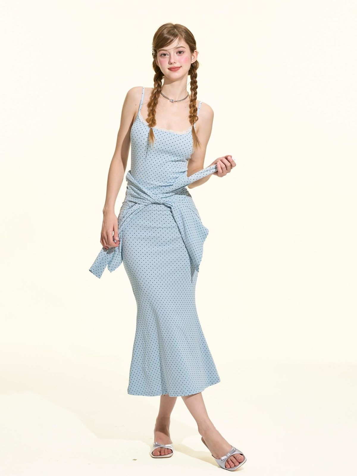 Girly Fancy Club Blue Polka Dot Ruffle Slim Fit Women's Cotton Matching Skirt Sets