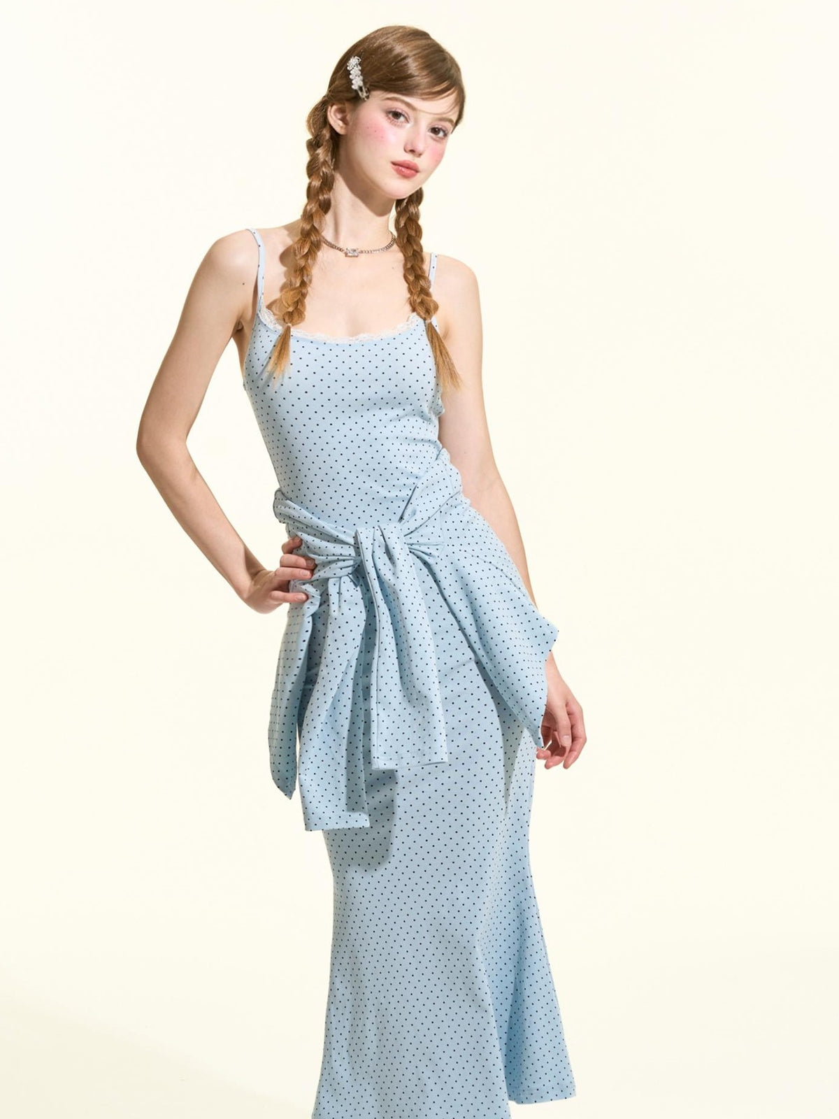 Girly Fancy Club Blue Polka Dot Ruffle Slim Fit Women's Cotton Matching Skirt Sets