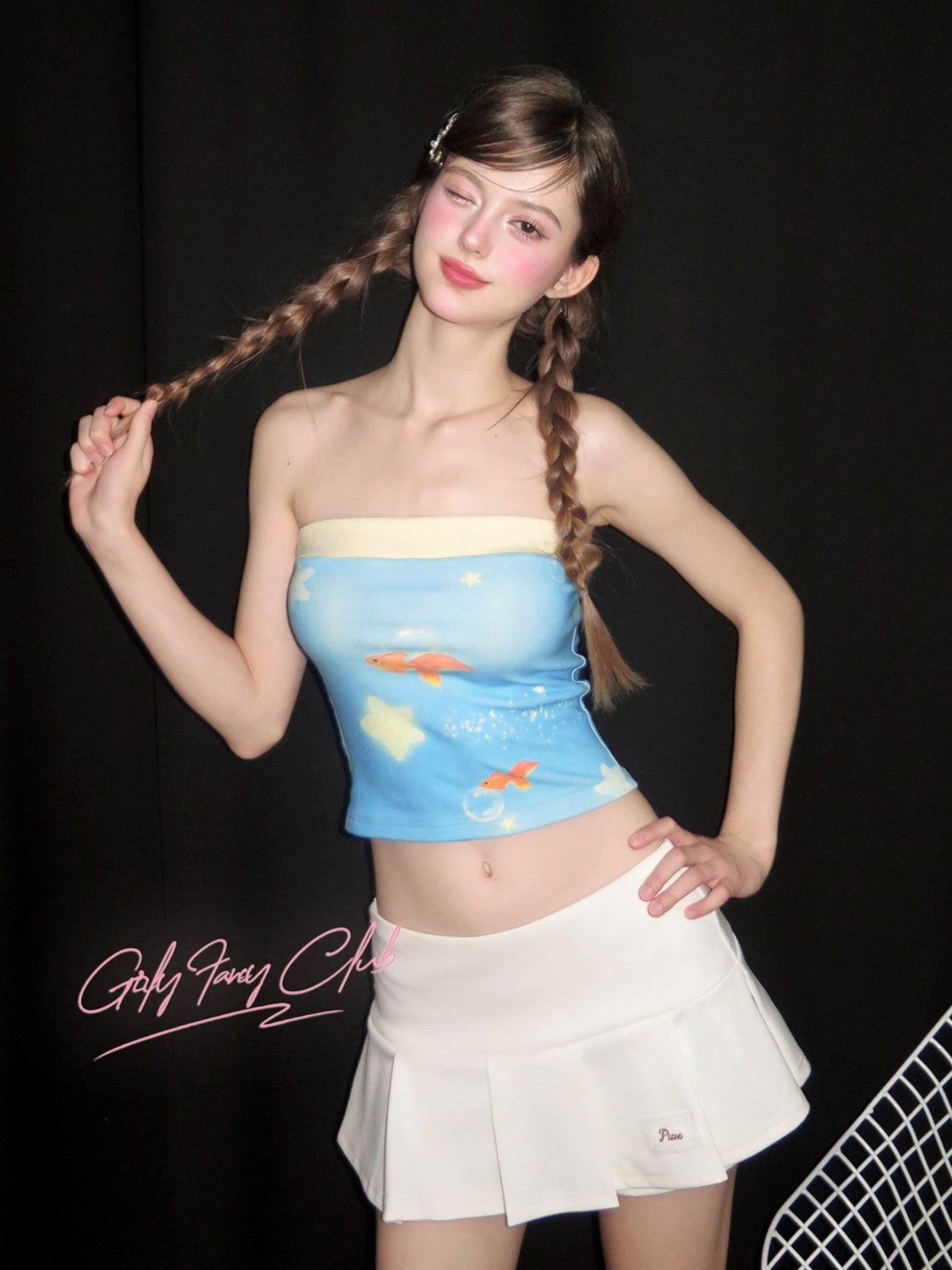Girly Fancy Club Blue Printed Slim Fit Cropped Strapless Women's Cotton Elastane Tube Tops